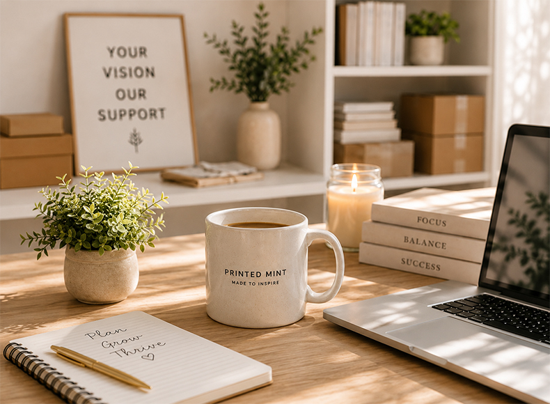 A Printed Mint mug on a desk