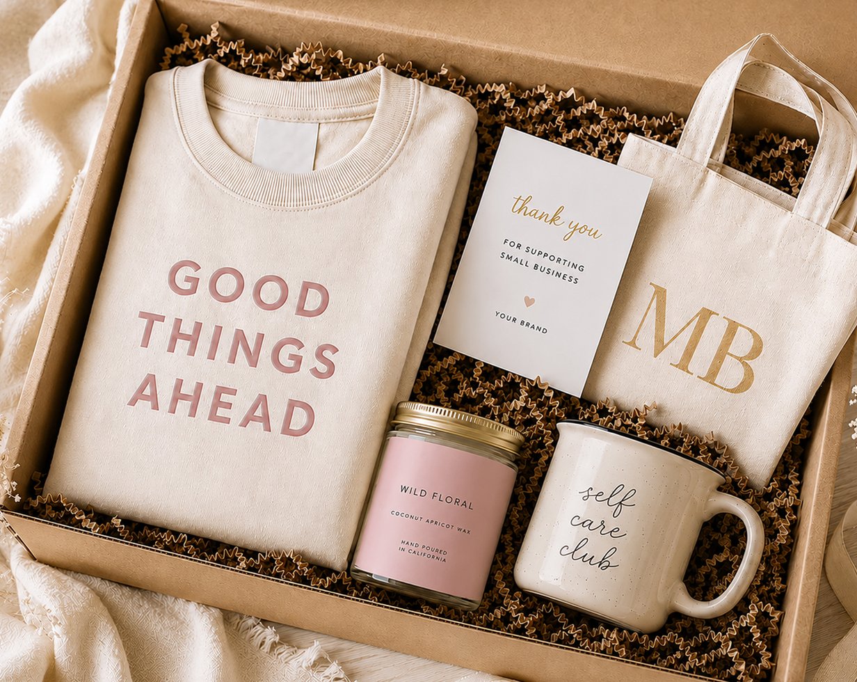 Curated Printed Mint gift box with sweatshirt, candle, tote and mug