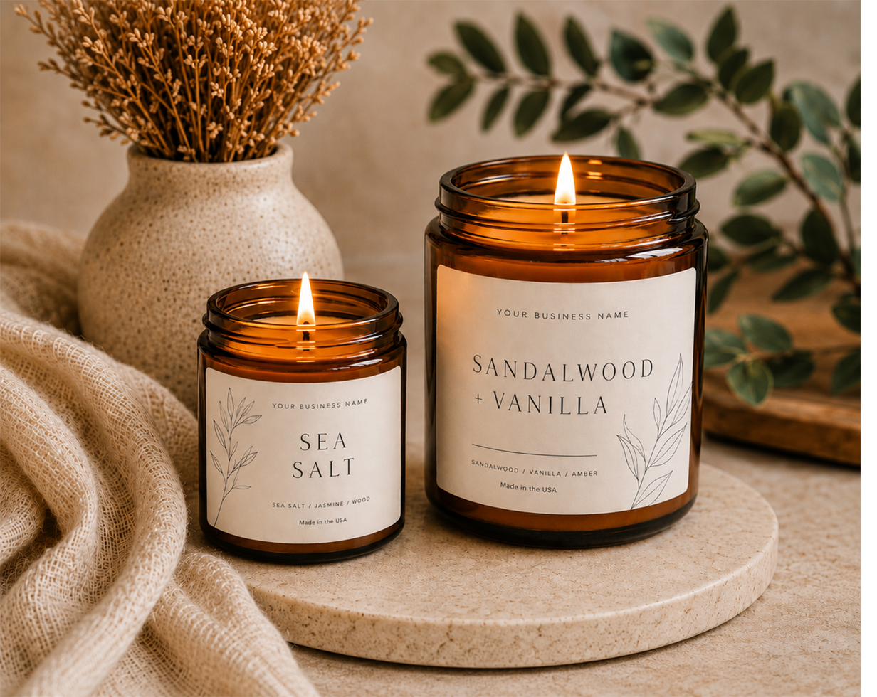 Custom-labeled soy candles, Sea Salt and Sandalwood Vanilla