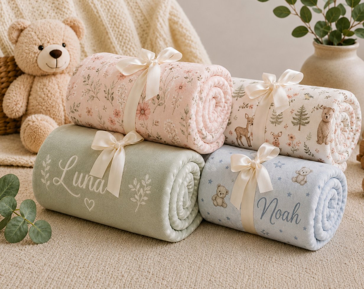 Personalized minky baby blankets rolled with ribbon