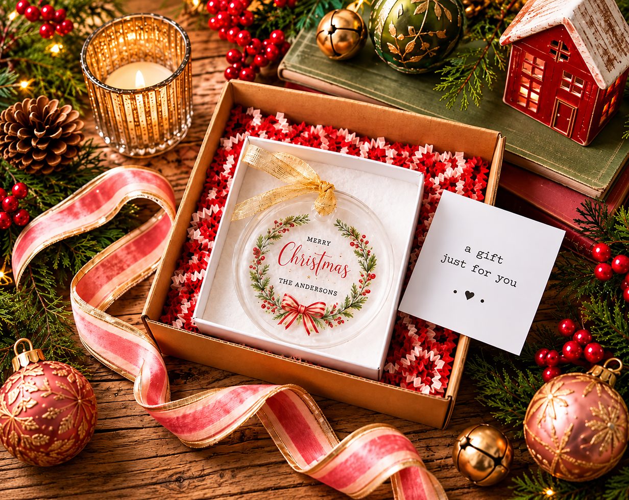 Personalized Merry Christmas ornament in a gift box with red ribbon and a gift note