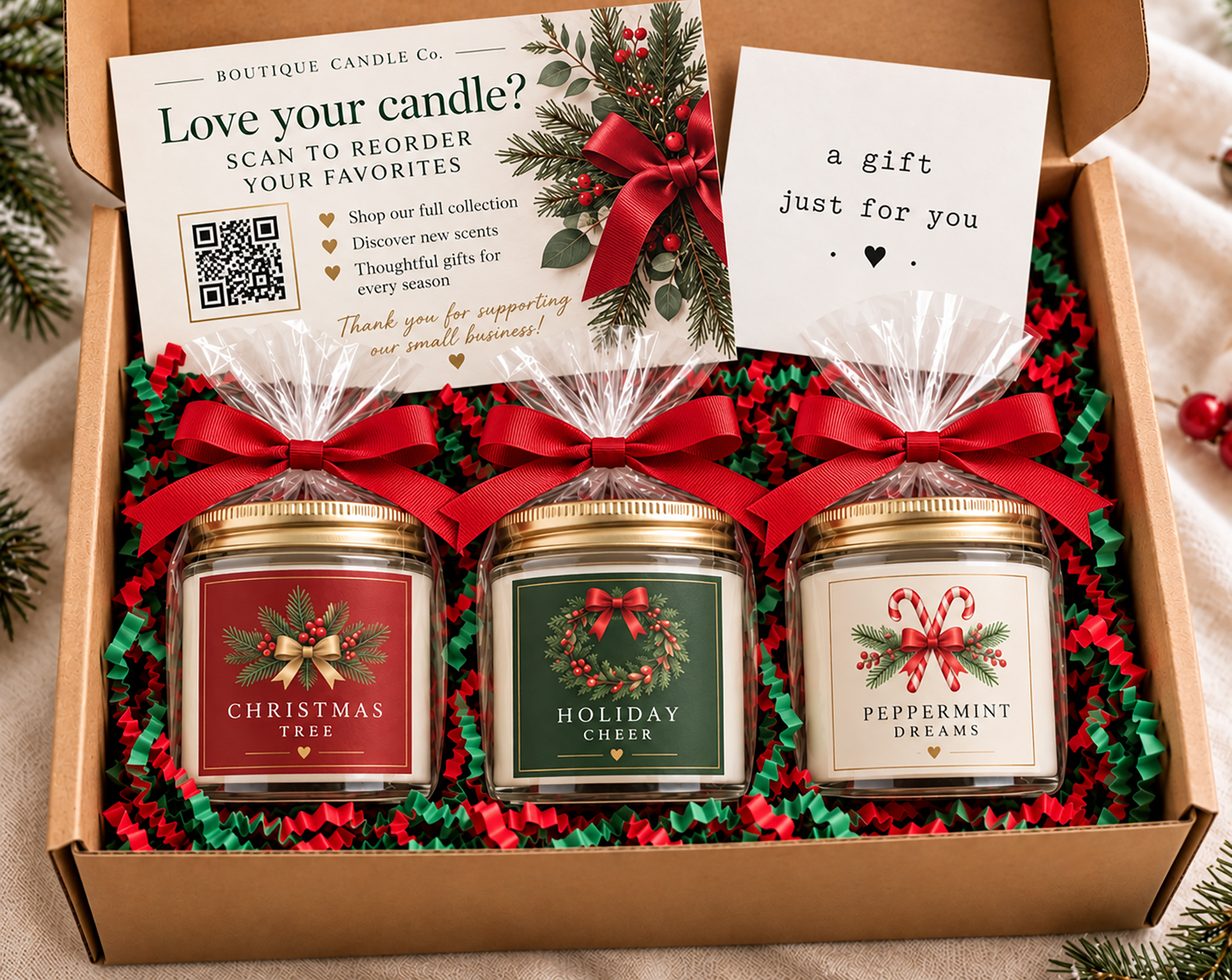 Holiday candle gift set: Christmas Tree, Holiday Cheer and Peppermint Dreams with a thank-you card